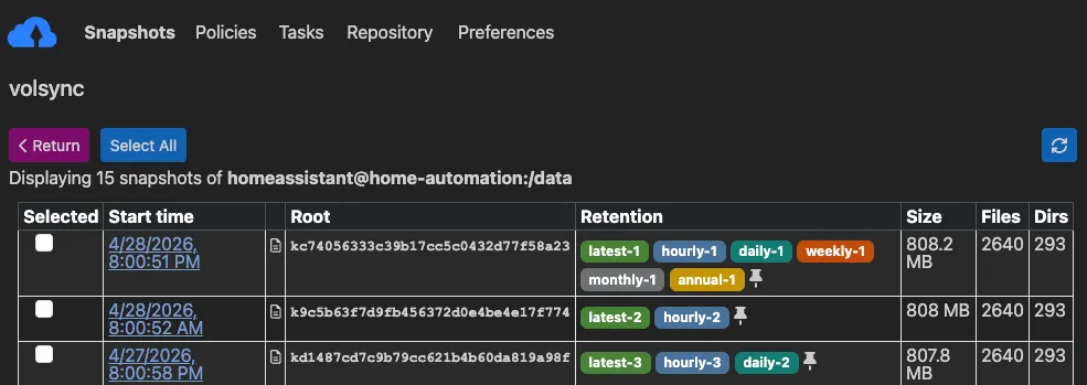 Details for a specific app in Kopia showing last few snapshots with their start time, id, what retention policy they match and how big each is